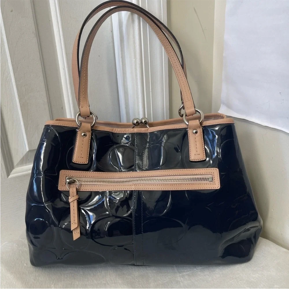 Coach Peyton Signature Embossed Blue Patent Leather Tote